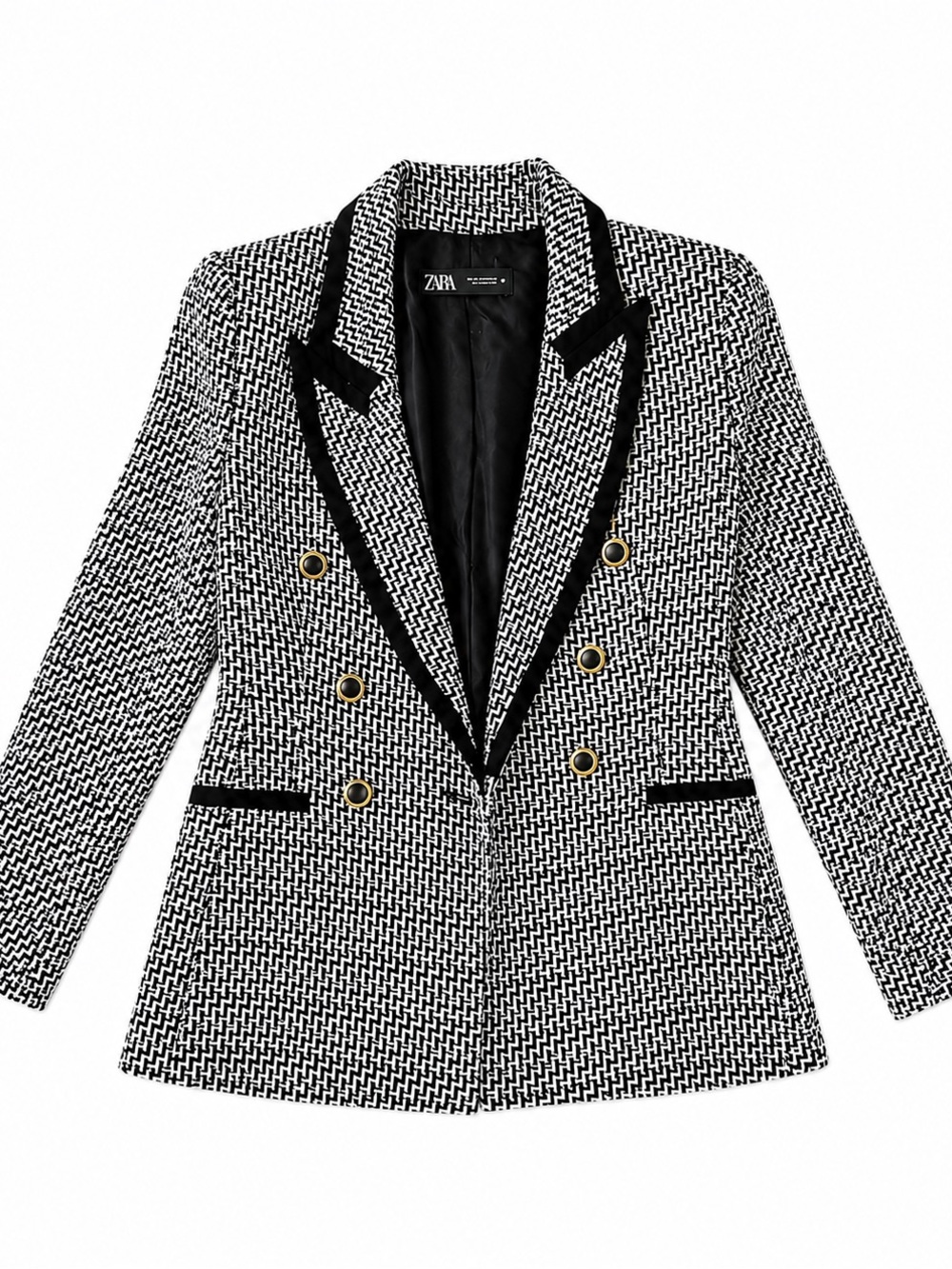 Zara Black & White Herringbone Double-Breasted Blazer with Gold Buttons